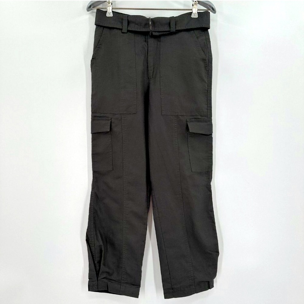 Quince Women's Cotton Linen Twill Cargo Pant sz L Large Charcoal Gray Belted NWT